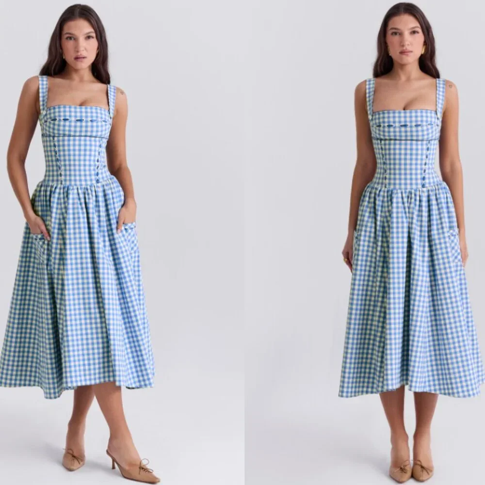 house of cb blue gingham dress Clothing : Midi Dresses : 'Vivien' Regatta Gingham Midi Sundress